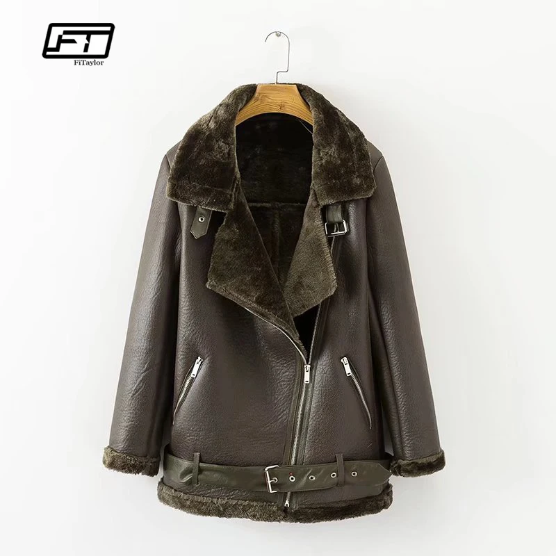 Fitaylor Hiver Faux Agneau Veste En Cuir Femmes Faux Cuir Agneaux Laine Col De Fourrure Veste En Daim Manteaux Femme Chaud Épais Survêtement - 1