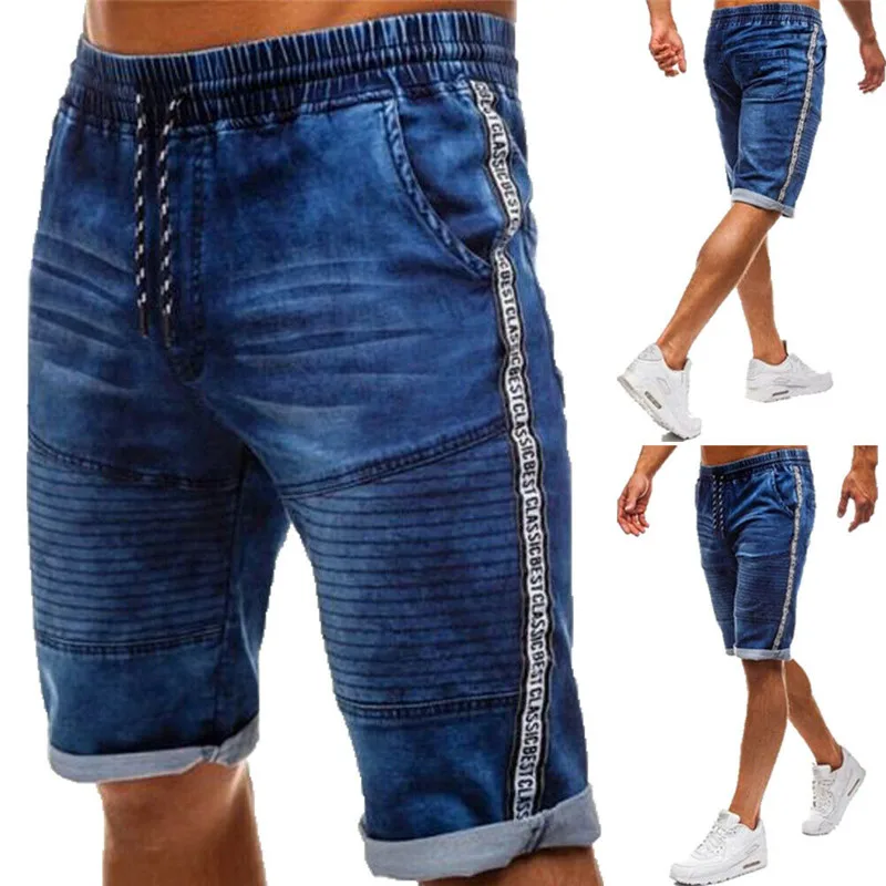 

Men's Shorts Jeans Striped Casual Washed Old Microdermabrasion Dark Blue Denim Shorts