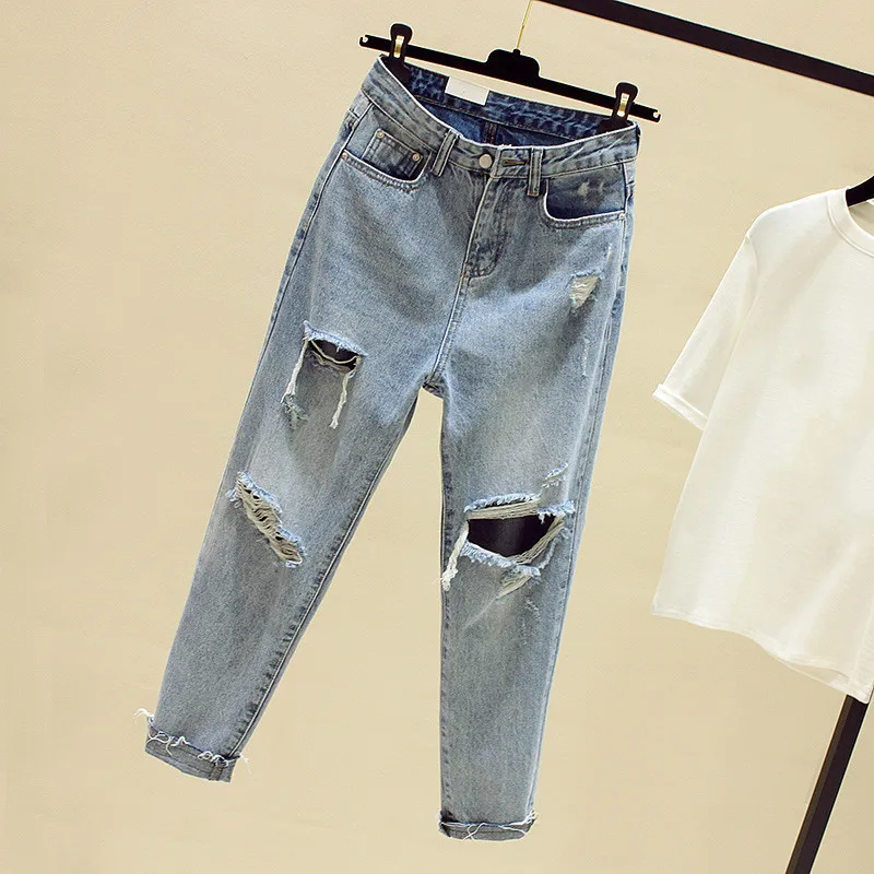 

Boyfriend Jeans Harem Pants Women Washed Trousers Casual Ripped Hole Loose Fit Vintage Denim Pants High Waist Jeans