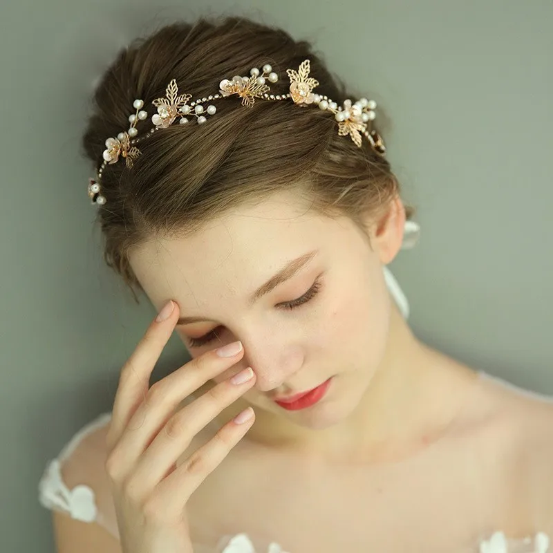 Gold Leaves Bridal Hair Jewelry Pearl Headband Metal Flower Tiara