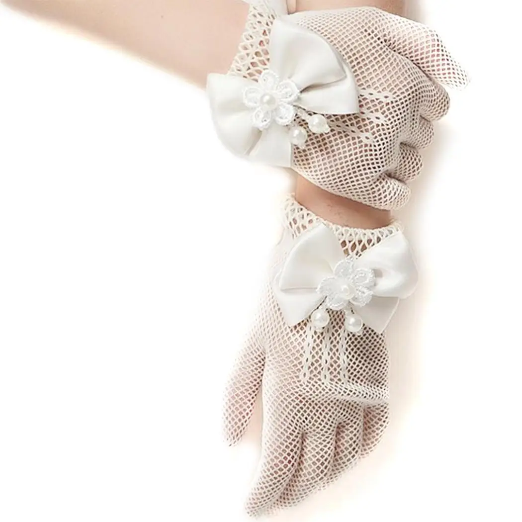 

15 Hollow Girls 4 years Pearl old Wedding Pearl White Bow Party Elastic Party Out Short Gloves Summer Evening Girls Bow