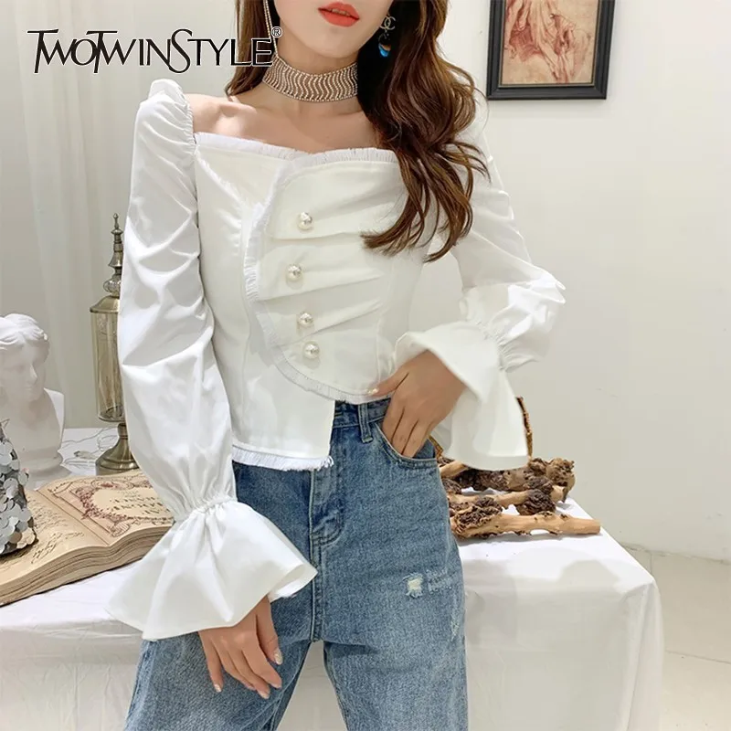 

TWOTWINSTYLE Off Shoulder Sexy Women Blouse Square Collar Flare Sleeve Pearl Patchwork Asymmetric Slim Tops Female Spring 2019