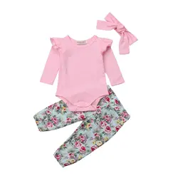 Новинка для новорожденных; для маленьких девочек хлопковые топы сплошной комбинезон и штаны с цветочным принтом костюмы Комплект одежды