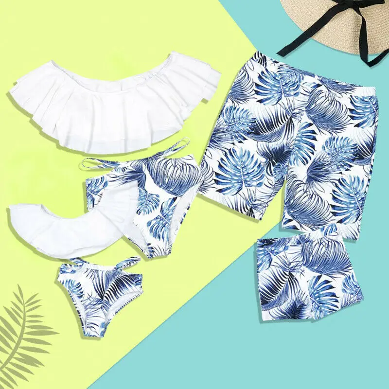 

2019 Mother Daughter Family Matching Bikini Swimsuit Women Men Kids Girls Swimwear Summer Bathing Suit Ruffles Push up Swimsuit