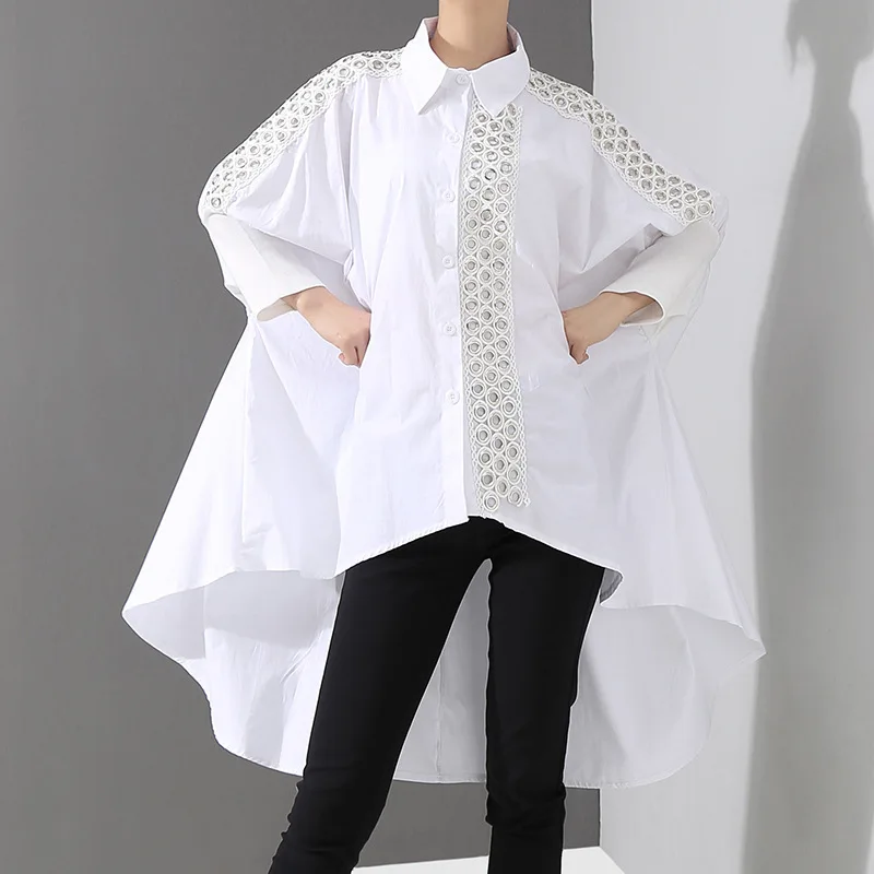

[YaLee] New Fashion 2019 Spring Summer Metal Mini Ring Lapel Long Sleeve Asymmetry Blouse Irregular Large Size Shirt Women Y648