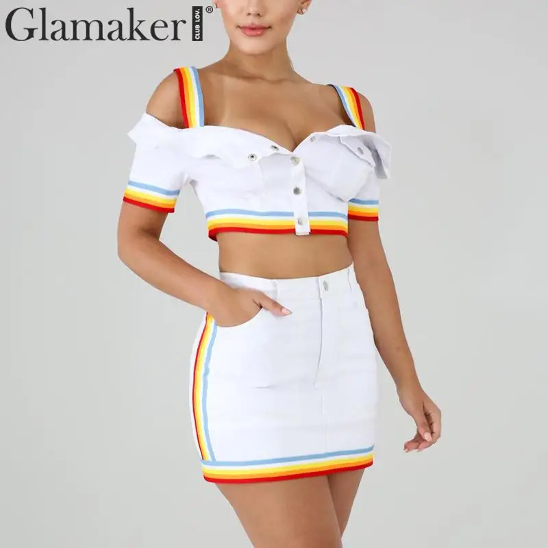 

Glamaker denim off shoulder two-piece suit sexy dress Women buttons bodycon crop top short dress Female holiday party dress