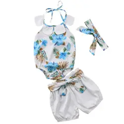 Комплект одежды для новорожденных девочек, комбинезон с цветочным принтом, футболка на бретелях, топы, шорты с бантом, повязка на голову