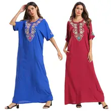Мусульманское женское платье-Кафтан Макси с коротким рукавом и вышивкой, Абая джилбаб, повседневное летнее платье, свободная мусульманская одежда, длина по щиколотку, Новинка