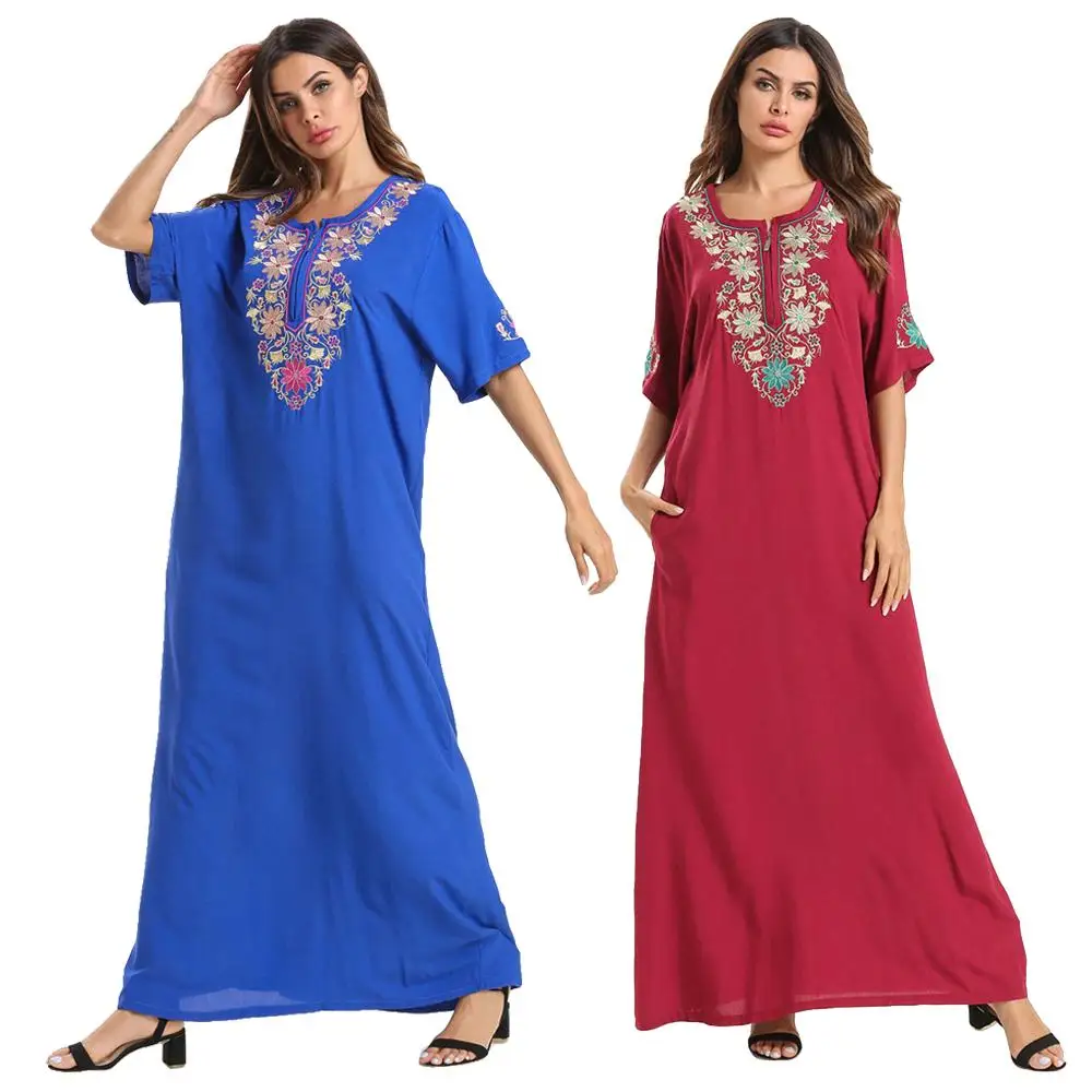 

Muslim Women Kaftan Maxi Dress Short Sleeve Embroidery Abaya Jilbab Casual Summer Dress Loose Islamic Clothing Ankle-Length New