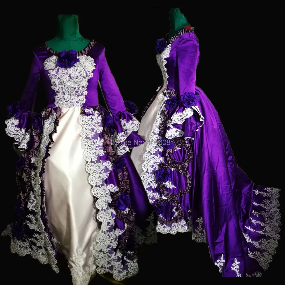 

Tailored!Elegant purple satin Lace Court Duchess Civil war Theatre 18th Belle Marie Antoinette DRESS Victorian dresses sw-007