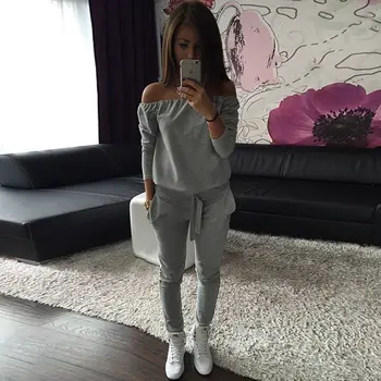 

New Women Ladies Casual Off Shoulder Playsuit Bodycon Leisure Trousers 2pcs Cotton Skinny Jumpsuits Gray Black