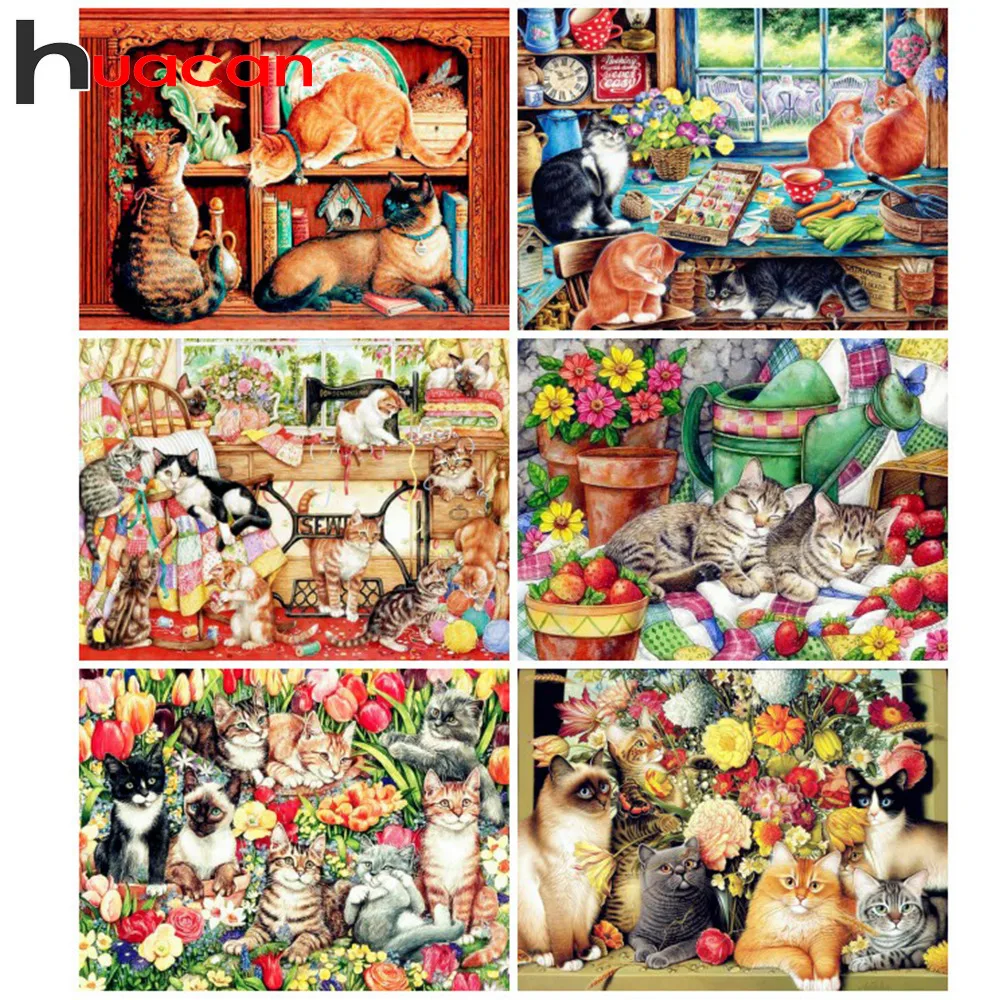 

Huacan Diamond Painting Cat Full Drill Square Diamond Embroidery Animals Pictures Of Rhinestones Diamond Mosaic Cartoon Beadwork