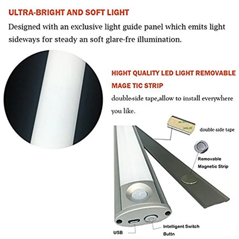 ARILUX Светодиодная лампа для шкафа 33 LED SMD4014 USB Перезаряжаемый датчик движения