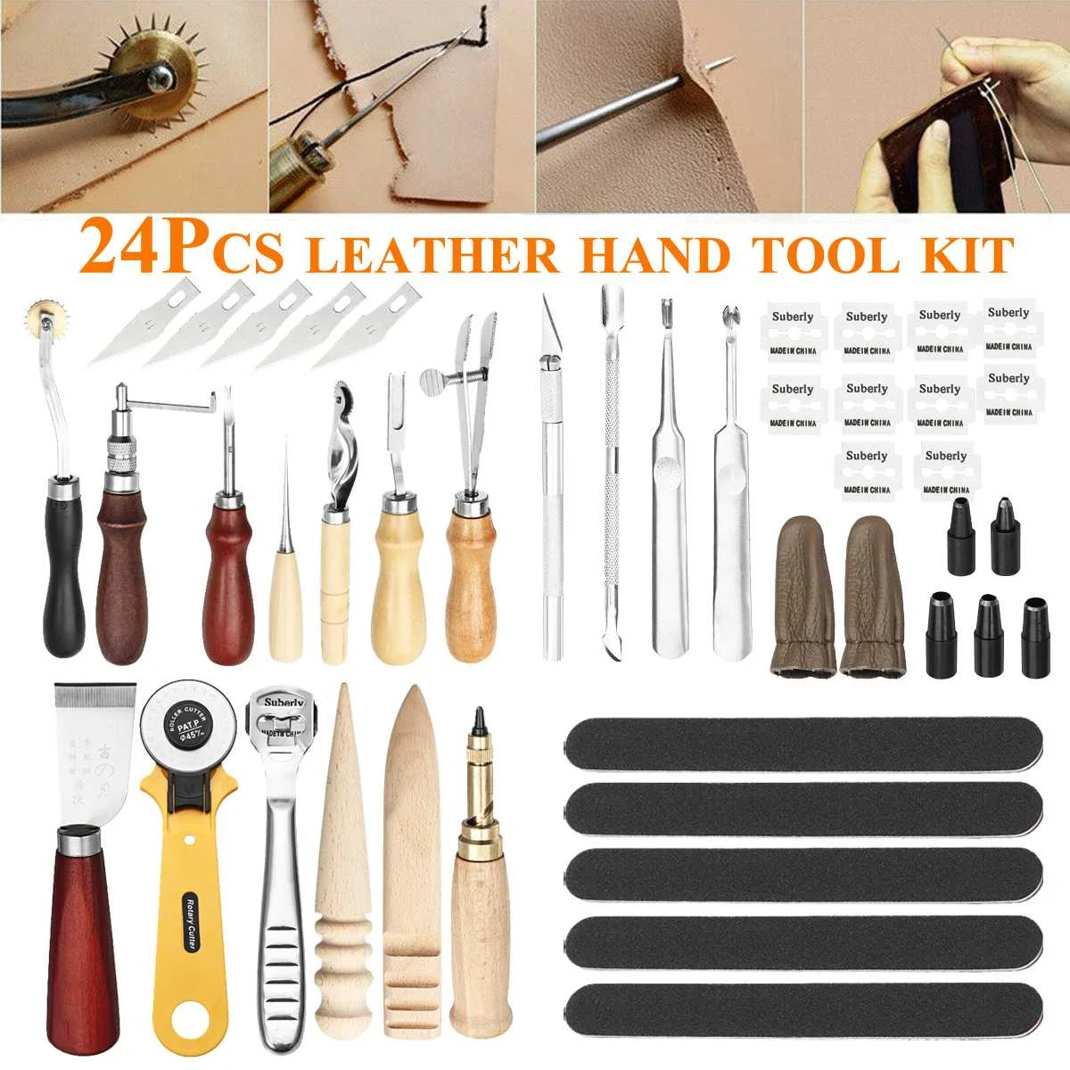 

Professional 24 Pcs Leather Craft Tools Kit Hand Sewing Stitching Punch Carving Work Saddle Leathercraft Accessories
