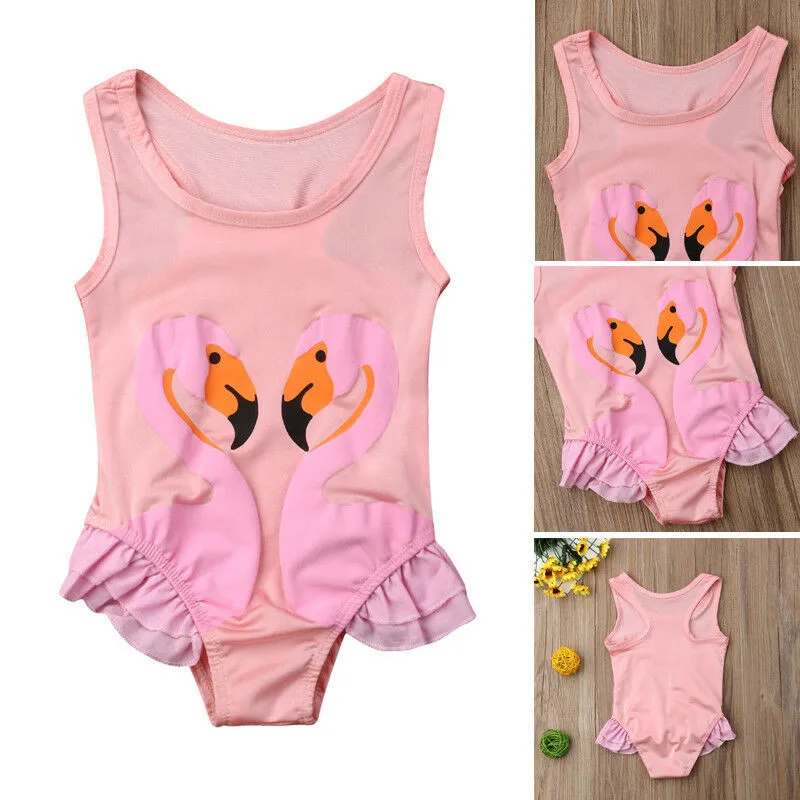 

Toddler Baby Girls clothes Flamingo print Polyester Ruffle sleeveless Bodysuit round neck cotton kids casual Tops one pieces