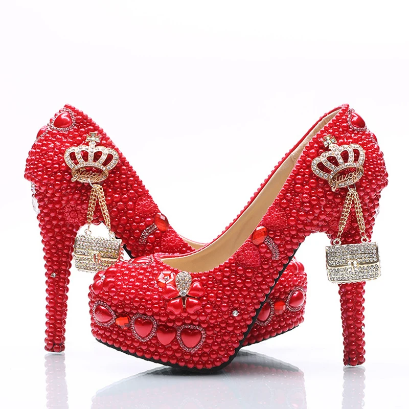 

Handmade Wedding Shoes Red Pearl and Rhinestone Bride Shoes Round Toe Platform Women Party Prom High Heels Plus Size 11 and 12