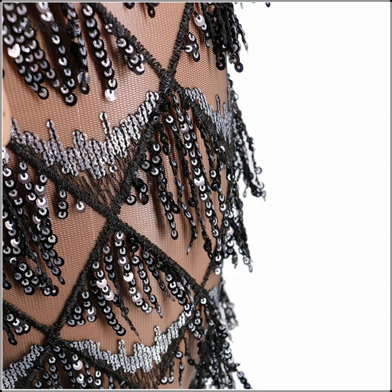 Women Sexy Sequin Mesh See Through Jumpsuit Bandage Backless Deep V Nightclub Erotic Party Tassel Glitter Transparent Rompers