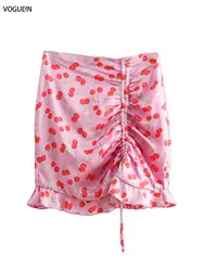 VOGUEIN новые женские повседневное Высокая талия Раффлед вишня печати темно розовый мини юбка оптовая продажа