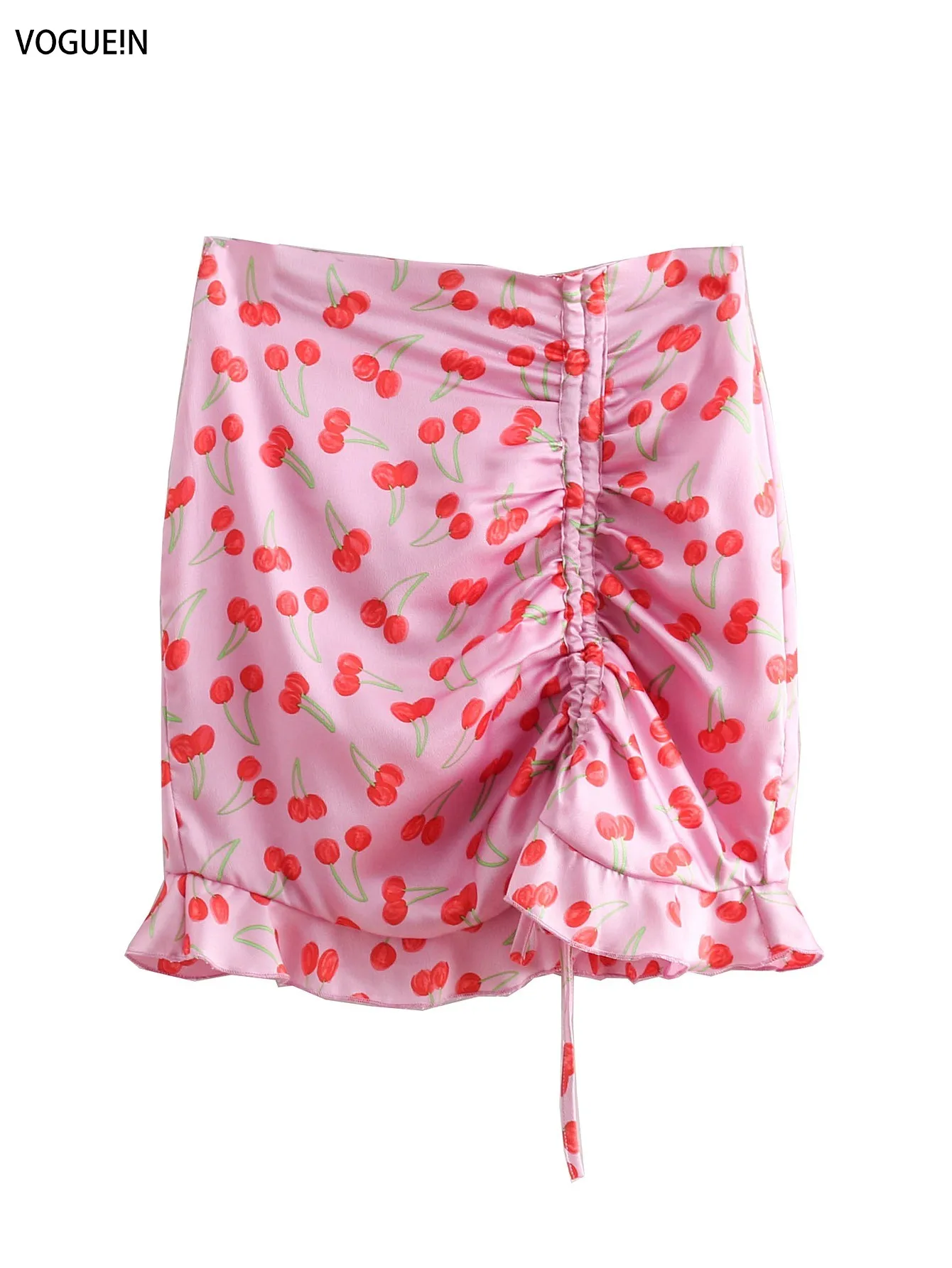 

VOGUEIN New Womens Casual High Waist Ruffled Cherry Print Navy Pink Mini Skirt Wholesale