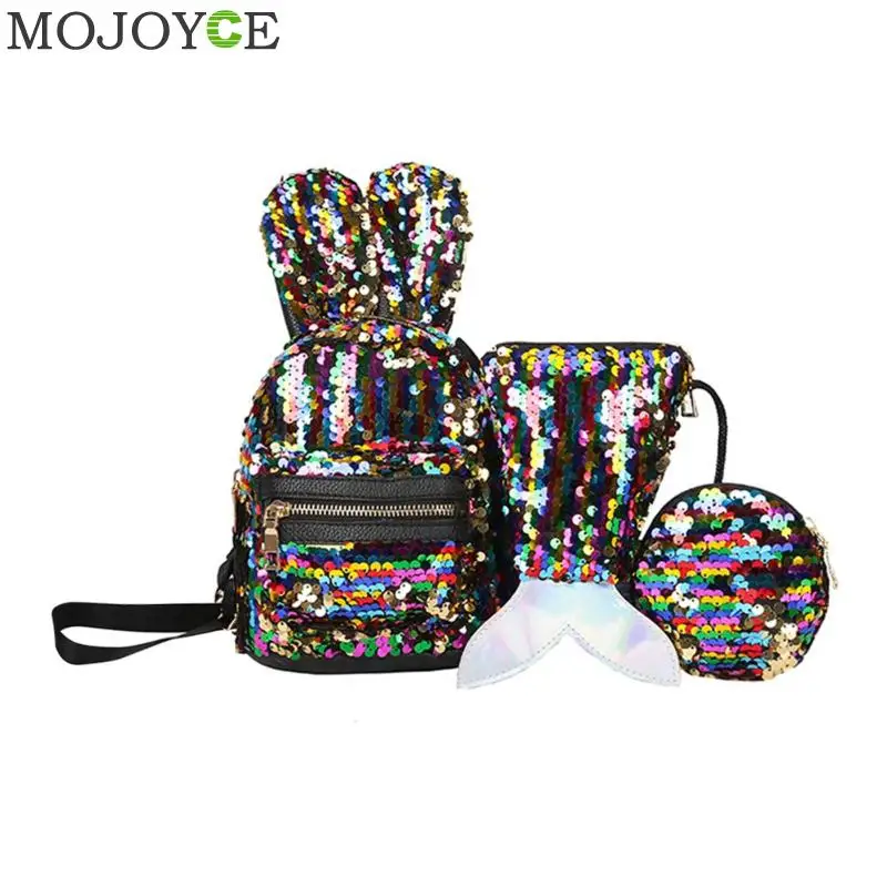 

1/3pcs/Set Mini Shining Sequins School Backpack Women Rabbit Ears Rucksack Cartoon Label Purse Zipper Shoulder with Small Bag