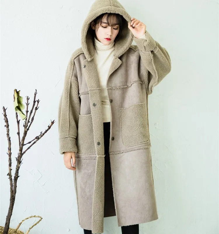 

Winter Long Sleeve Long Parkas Women Turn-Down Collar Warm Outerwear Casual Patchwork Fur Pockets Faux Suede Coats