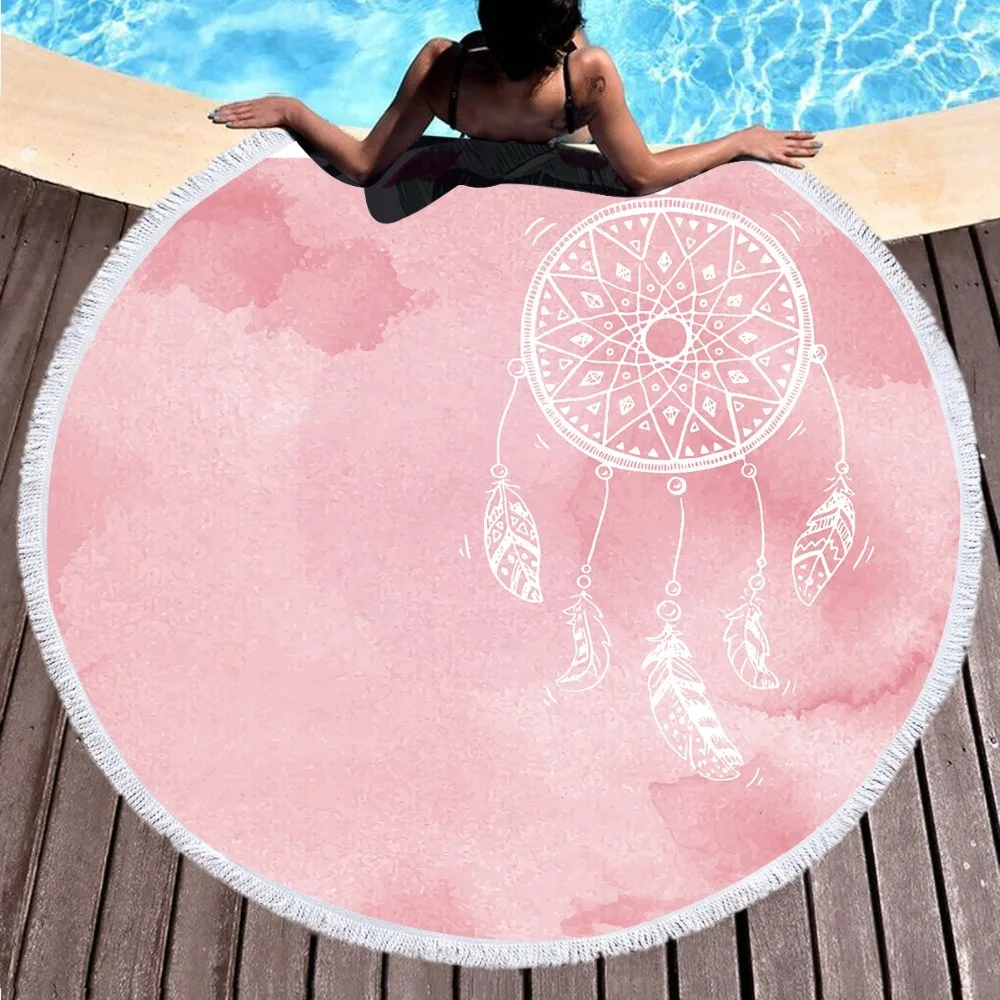 

3D Dreamcatcher Round Beach Towel Pink And Blue Tassel Tapestry Yoga Mat Watercolor Printed Toalla Blanket 150cm