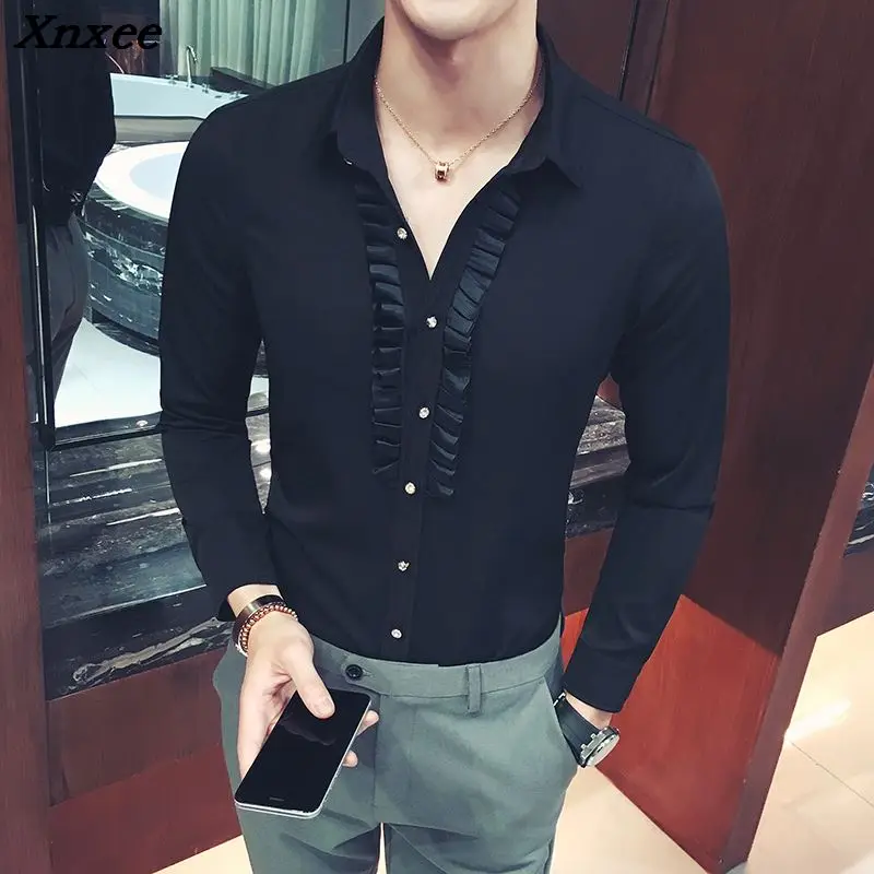 Men shirt fashion slim solid color long-sleeved shirt nightclub bar barber shirt High-end business casual evening dress shirt