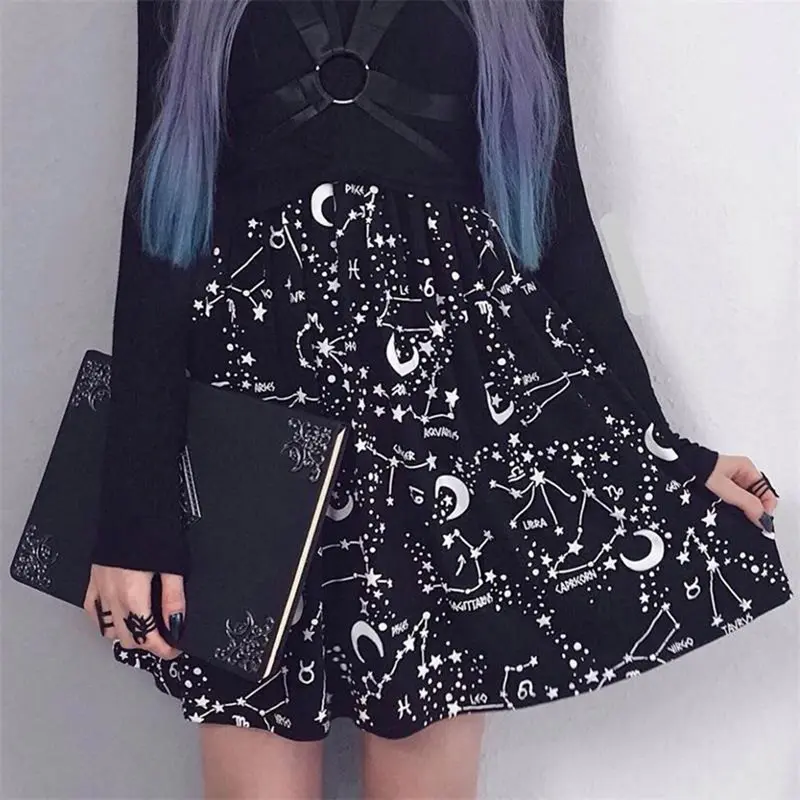 

Mini Skirt Women Trendy Brand Gothic Moon Print Summer 2019 High Waist Preppy Style A Line Goth Street Casual Black Skirts Girl