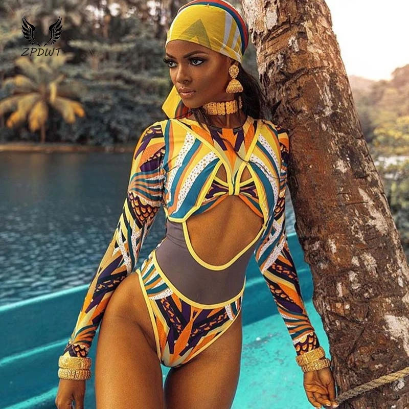 

2019 New African Totem Print One Piece Swimsuit Mesh Monokini Long Sleeve Cut Out Swimwear Women One Piece Bathing Suit Trikini