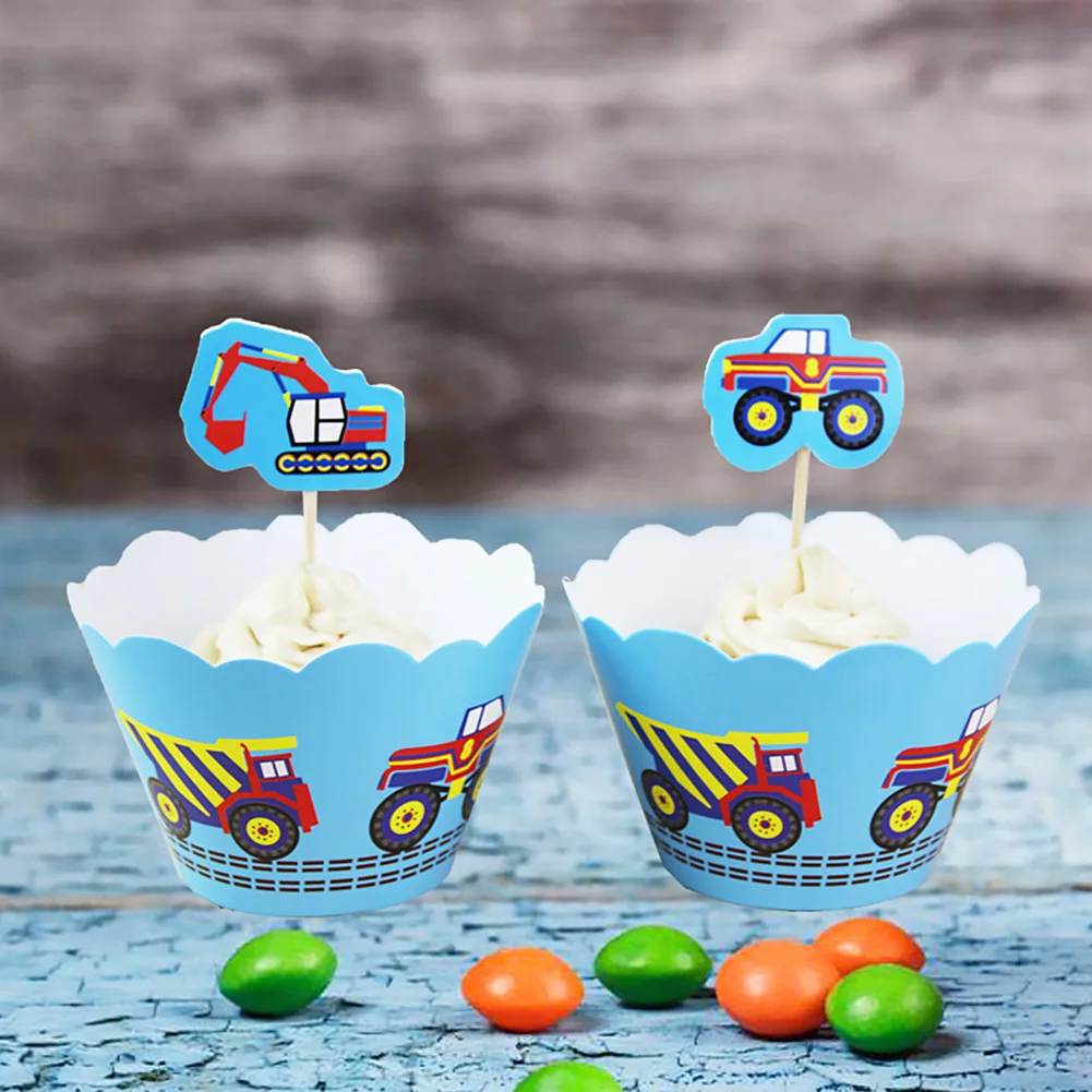 

24pcs Car Excavator Party Paper Cupcake Wrappers Toppers for Kids Party Birthday Decoration Cake Cups