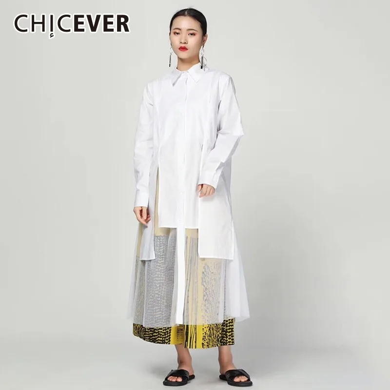 

CHICEVER Spring Patchwork Mesh Hem Split Women Dress Lapel Long Sleeve Button Loose Oversize Slim Female Dresses Fashion New