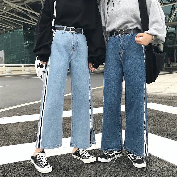 women Fashionable Blue Leggings Ribbon Jeans Spliced Mid Waist Ankle Length Loose Denim Female Harem Trousers boyfriend | Женская одежда