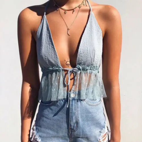 New Womens Lace Mesh Camis V-Neck Halter Bandeau Sleeveless Crop Top Cotton Slim Vest Bralette Tanks Tops Clubwear Tees | Женская одежда