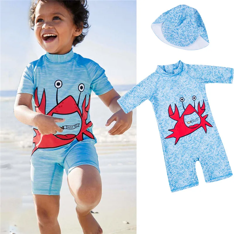 

PUDCOCO Toddler Boy Sun Protective Swimwear+Hat Set Beachwear Rash Guard Bathing Suit