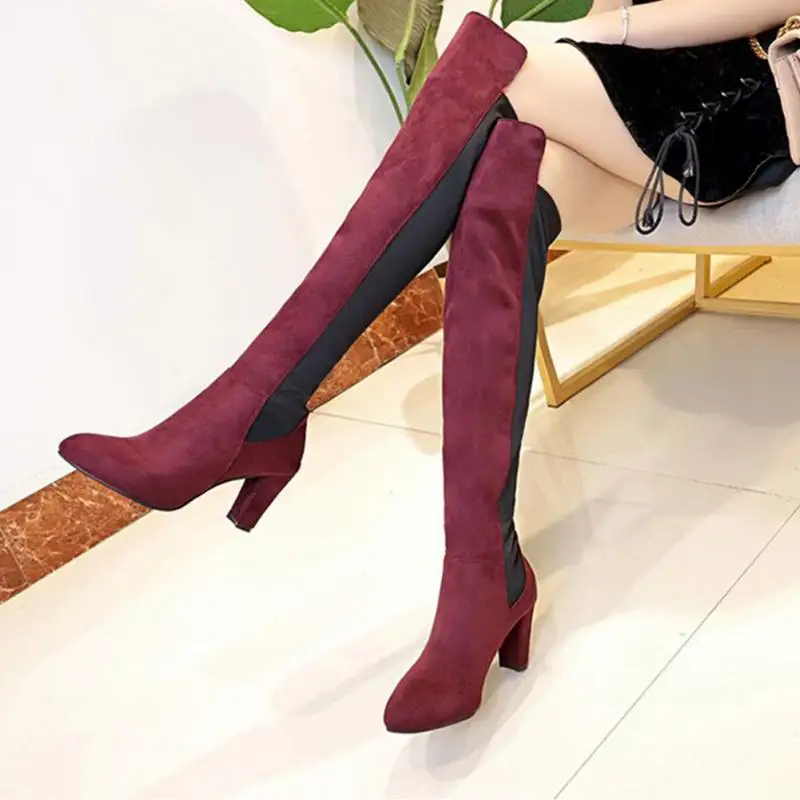 

2018 Winter Over-knee Women Long Boots Elastic Side Zipper Round Head Chunky Heels High Heel Boots Stretch Dual Colors #925