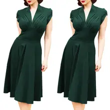 Vestido curto gola v feminino, casual, gola em v, estilo vintage, verde, cor sólida, oco, para o verão, de manga 1950 vestido de vestido