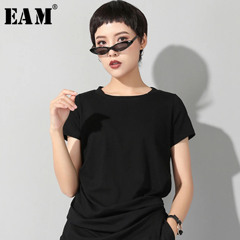 

[EAM] 2019 New Spring Summer Round Neck Short Sleeve Black Loose Fold Split Joint Brief T-shirt Women Fashion Tide JR8532