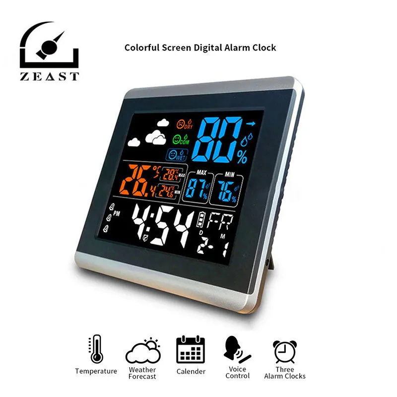 

Digital Wireless Weather Station Thermometer Hygrometer Alarm Clock Temperature Gauge Colorful Screen Vioce-Activated Clock