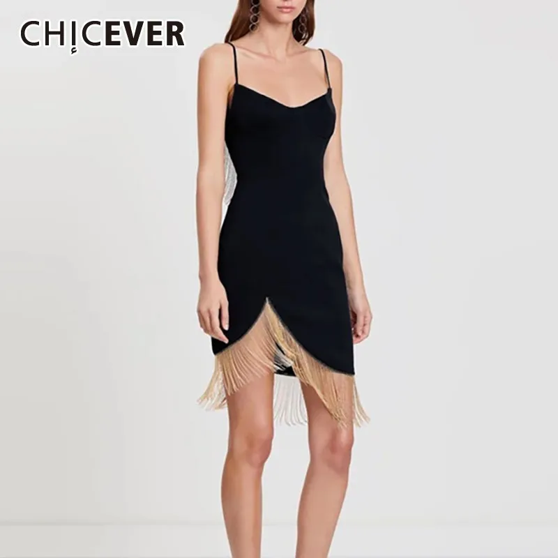 

CHICEVER Summer Sexy Backless Patchwork Tassel Black Women Dress Strapless Spaghetti Strap High Waist Slim Mini Dresses Clothes