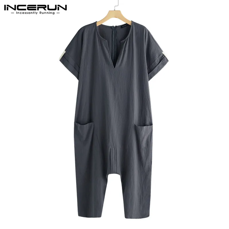 Ethnic Islamic Rompers Mens Jumpers Fashion Jumpsuits V Neck Muslim Islamic Kaftan Overalls Working Pockets Trouser Coveralls