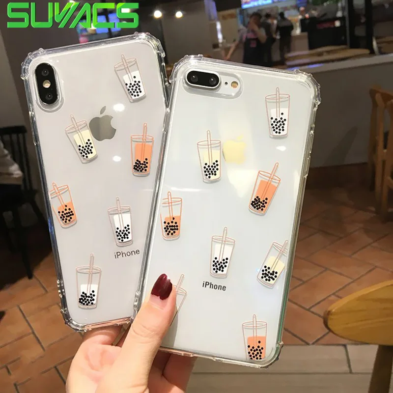 

SUYACS Cute Pearl Milk Tea Case For iPhone XS Max XR X 6 6S 7 8 Plus Corner Shockproof Transparent Soft Phone Back Cover Gift