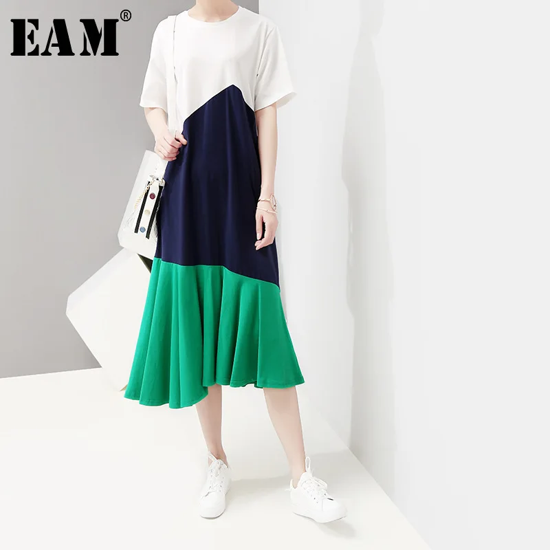 

[EAM] 2019 New Spring Summer Round Neck Short Sleeve Hit Color Ruffles Stich Loose Temperament Dress Women Fashion Tide JT969