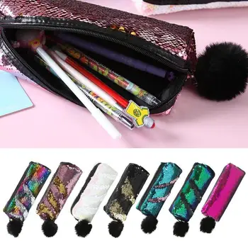 

Reversible Sequins Hairball Pencil Case Fashion Large Pencil Bags School Supplies Stationery Gift Zipper Pencil Bag