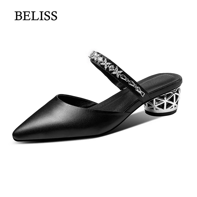 

BELISS 2019 Slippers Woman Leather Summer Flats Mules Lady Sandals Slippers Slip On Fashion Slides Womens Shoes Pointed Toe S43