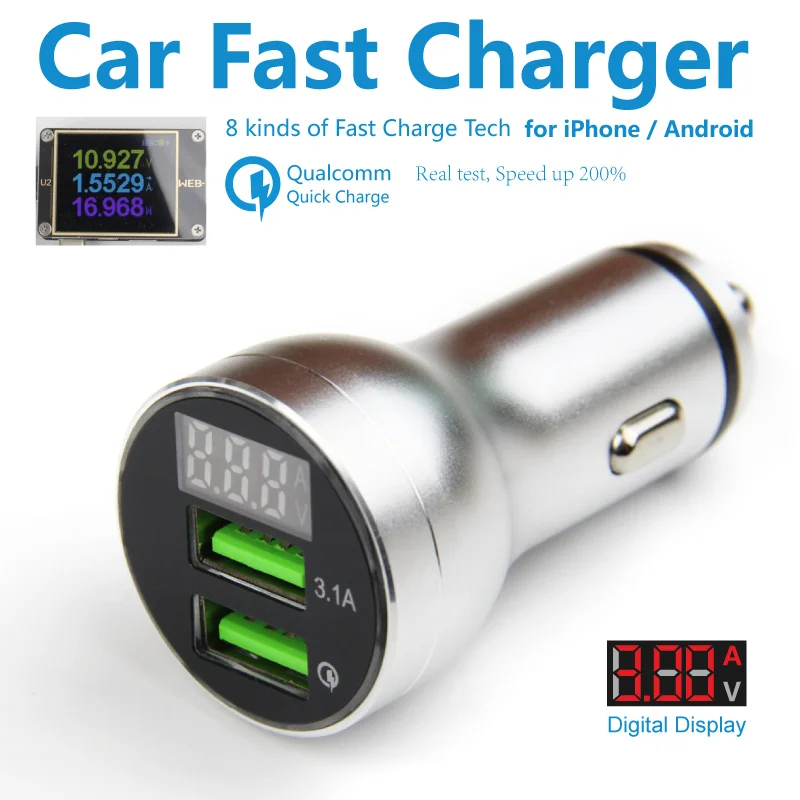 

QC 3.0 Car Fast Charger 2 Usb Qualcomm Quick Charge Car Charger Led Display Mobile Phone Adaptor for iPhone Android Honor Moto
