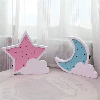 

Nordic Cartoon Stars Moon LED Night Light Handmade Wooden Night Lamp Baby Bedside Feeding Lamp Photograph Prop Party Decor