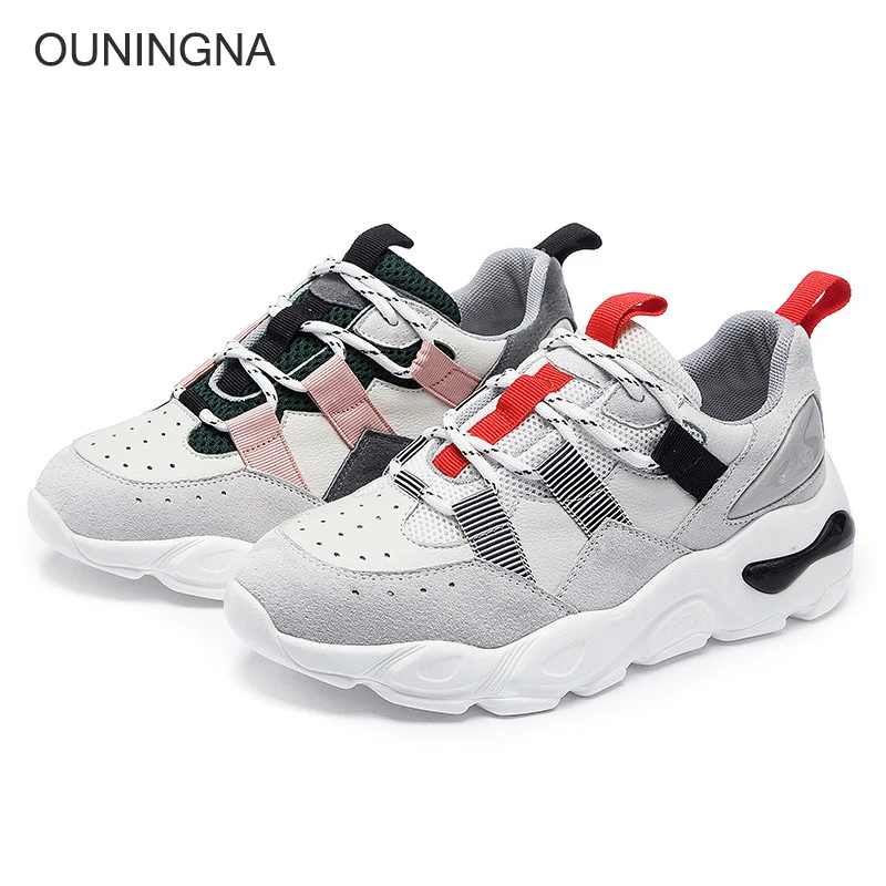 

OUNINGNA 2019 spring summer autumn new fashion cow leather women's casual shoes sport style shoes lady's mixed color flats shoes