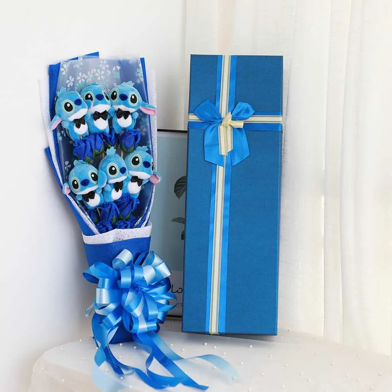 

Artificial Lovely Cartoon Plush Toy Stitch Festivals Gift Bouquet with Fake Flowers Valentines' Day Wedding Party Decor