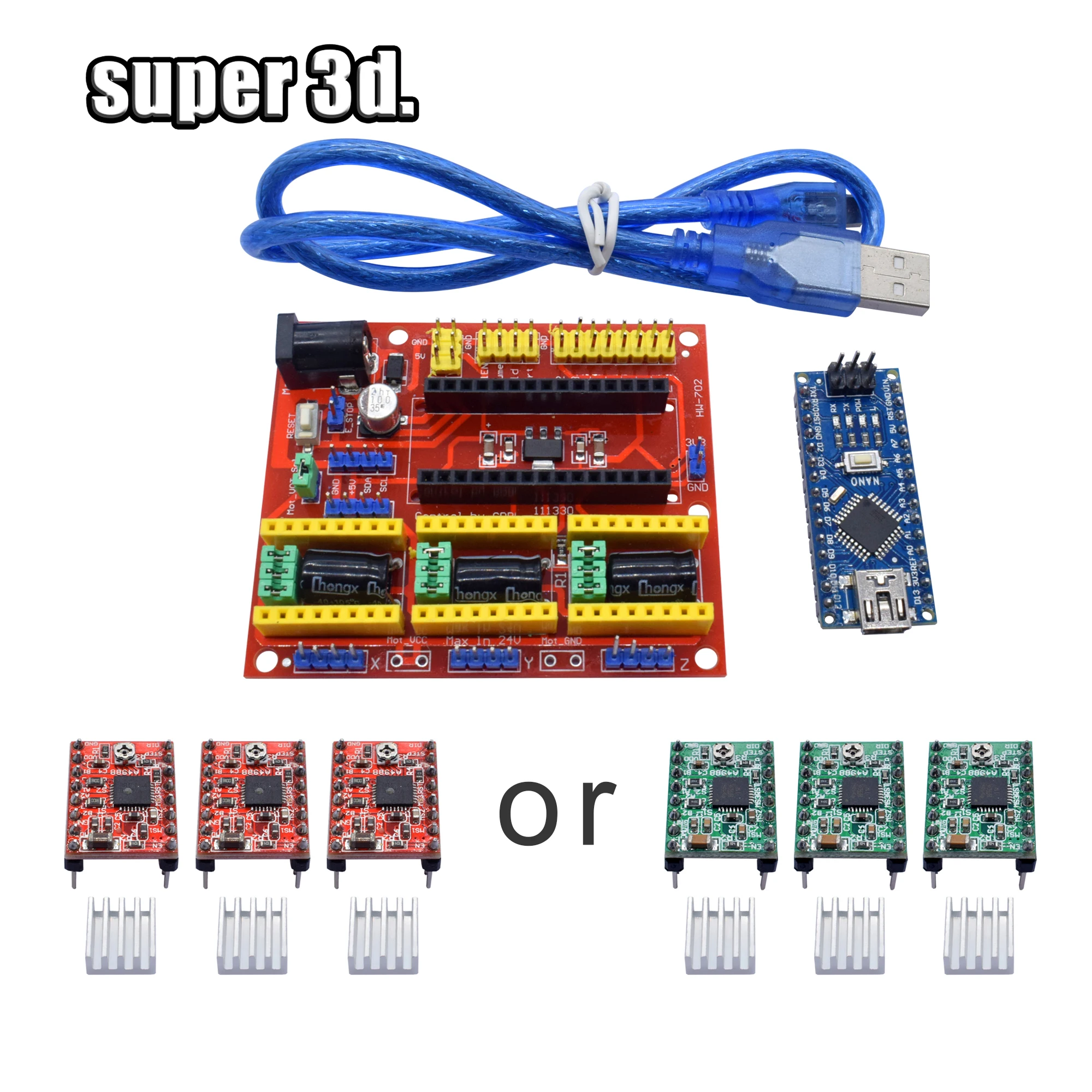 

3DV4 CNC Shield V4 + Nano 3.0 + 3pcs A4988 Red or Green Reprap Stepper Drivers Set For Arduino