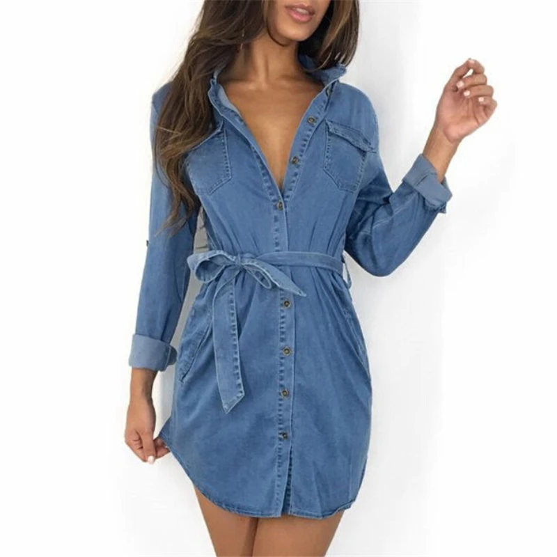 

Meihuida Fashion Women Denim Dress Turn-down Collar Dress Ladies Long Sleeve Holiday Mini Top Dresses